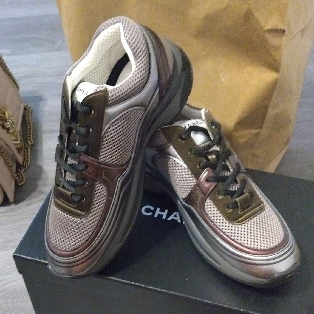 CHANEL Brown and Black Mesh Sneakers